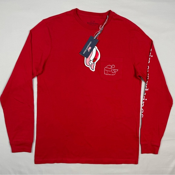 Vineyard Vines Mens Santa Whale Pocket T-Shirt Sz Small Long Sleeve Red A7 - Picture 2 of 10